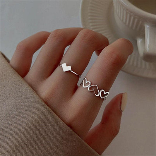2pcs Alloy Silver Plated Trendy Heart Design Ring Set