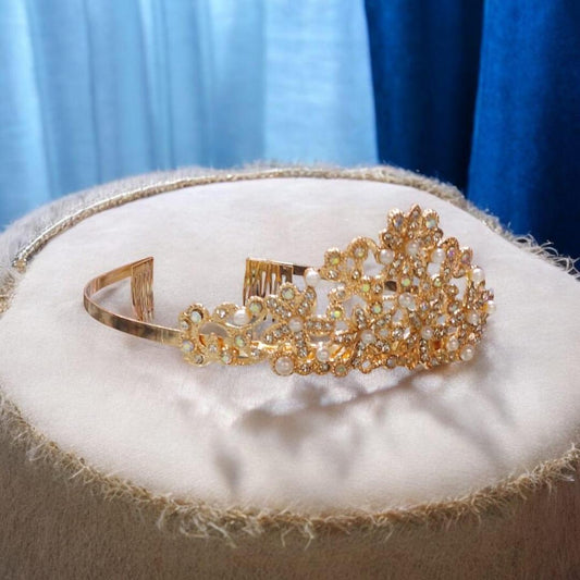 Vintage Gold Plated Crystal & Pearl Tiara - 1 Pc